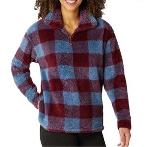 Eddie Bauer Women’s L Sherpa Fleece 1/4 Zip Checkered Plaid Pullover Soft Warm